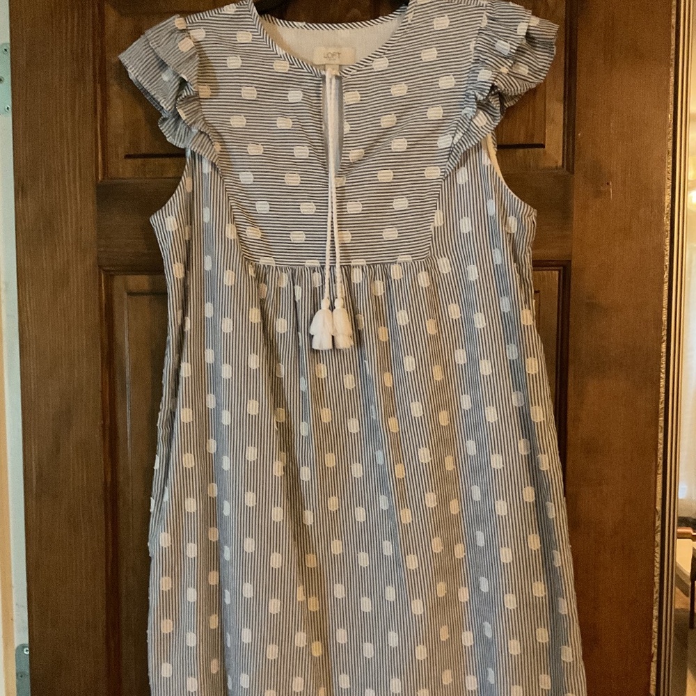 LOFT cap sleeve cotton summer blue and white  dress Small